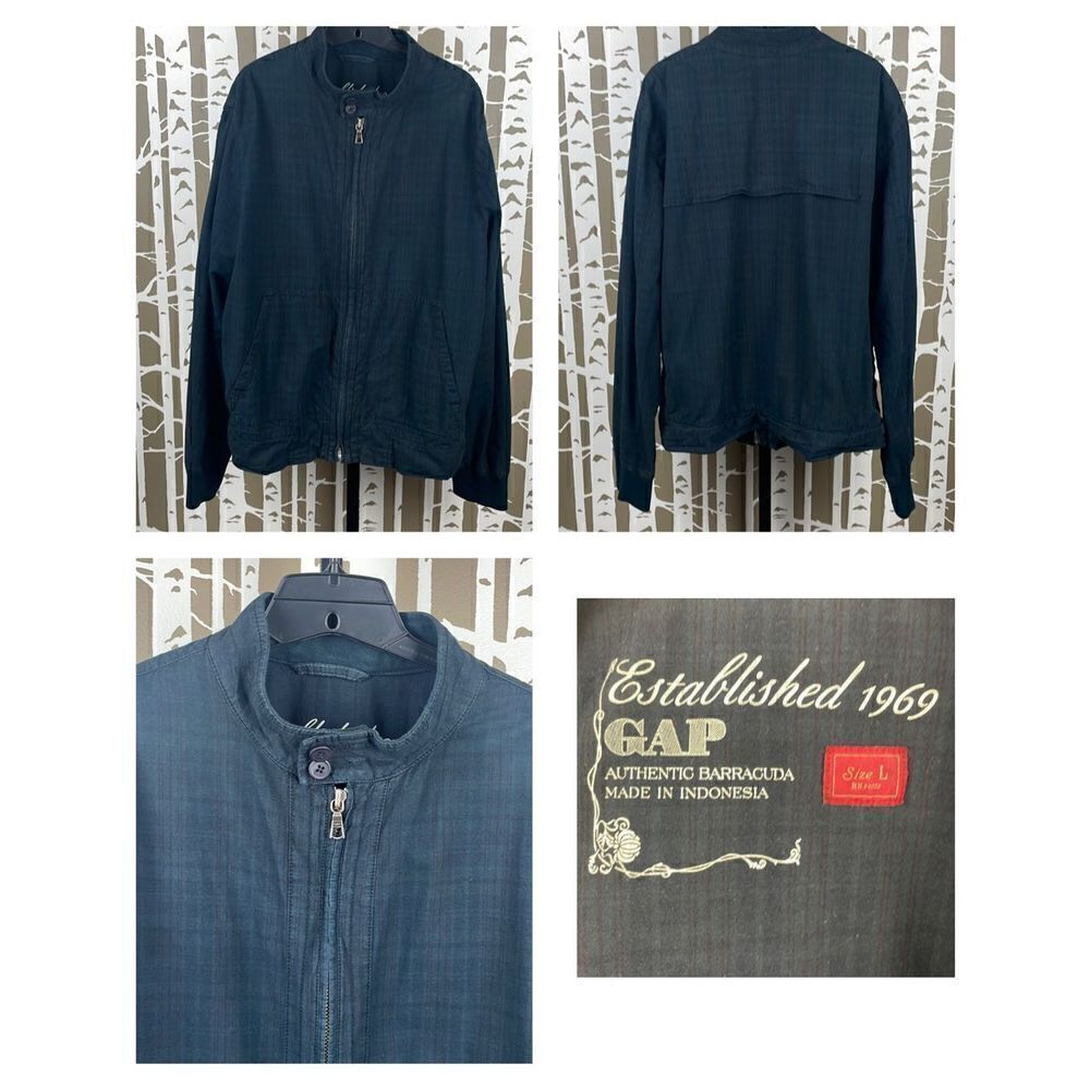 GAP Mens Y2K Barracuda Navy Blue Plaid Zip Up Bomber Jacket sz L